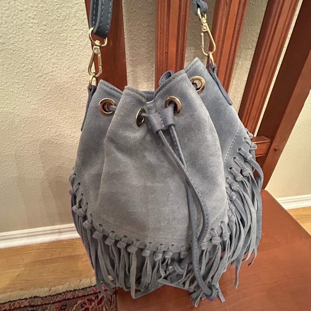Blue Suede Fringe Bucket Bag